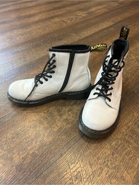Dr. Martens White Leather Ankle Boots with Black Trim and Yellow Heel Loop